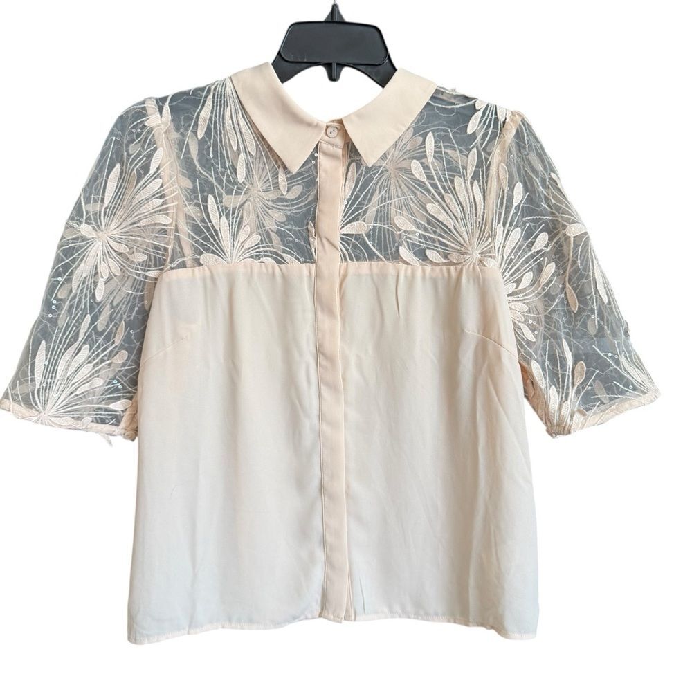 Lulu's Cream Embroidered Floral Lace Sequined Button Down FairyCore Blouse-Large